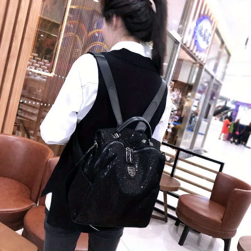 All Over Sequins Backpack Purse, Glitter Travel Schoolbag, Multi Functional Shoulder Bag For Women
