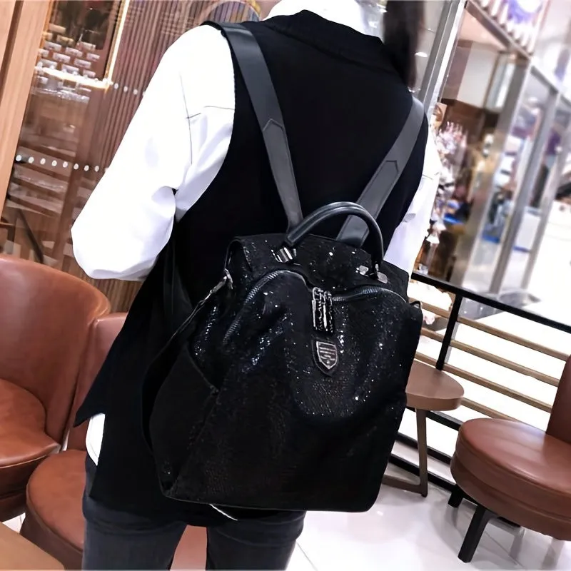All Over Sequins Backpack Purse, Glitter Travel Schoolbag, Multi Functional Shoulder Bag For Women