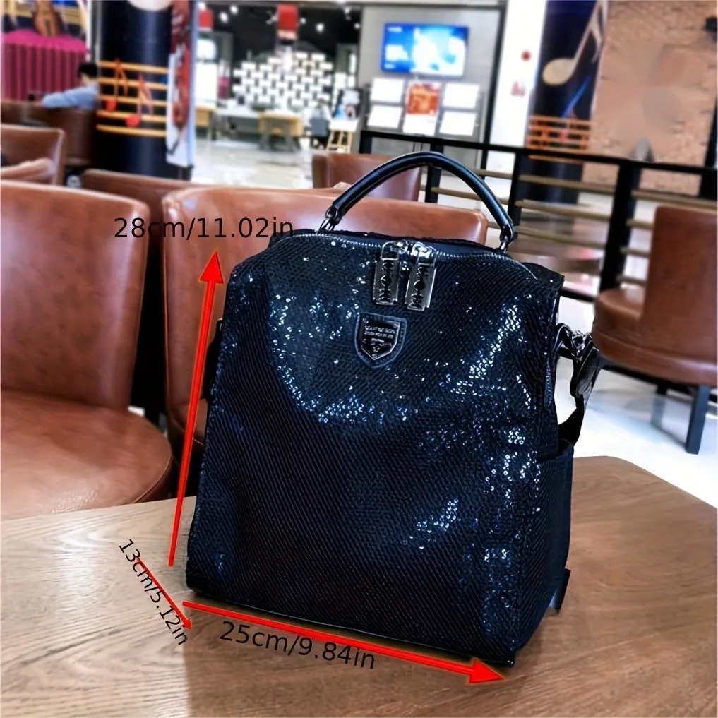 All Over Sequins Backpack Purse, Glitter Travel Schoolbag, Multi Functional Shoulder Bag For Women