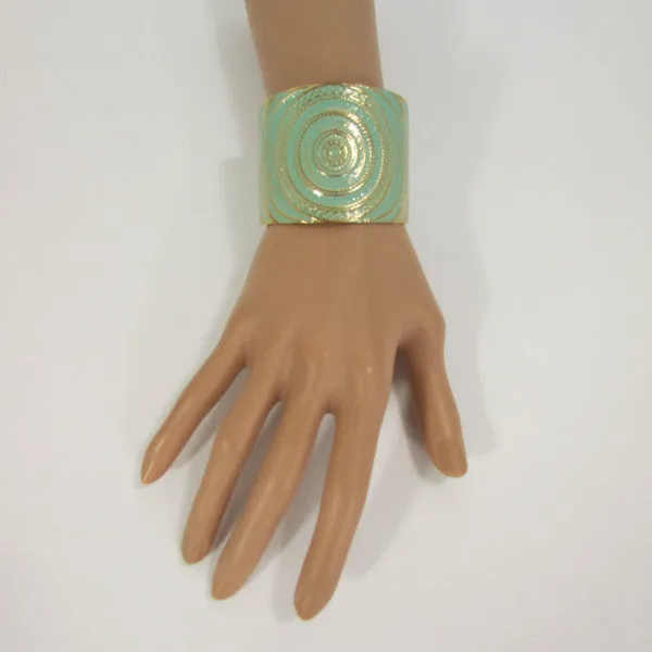 Gold With Pink / Black / Metal 2" Wide Cuff Bracelet Hand Trendy Fashion