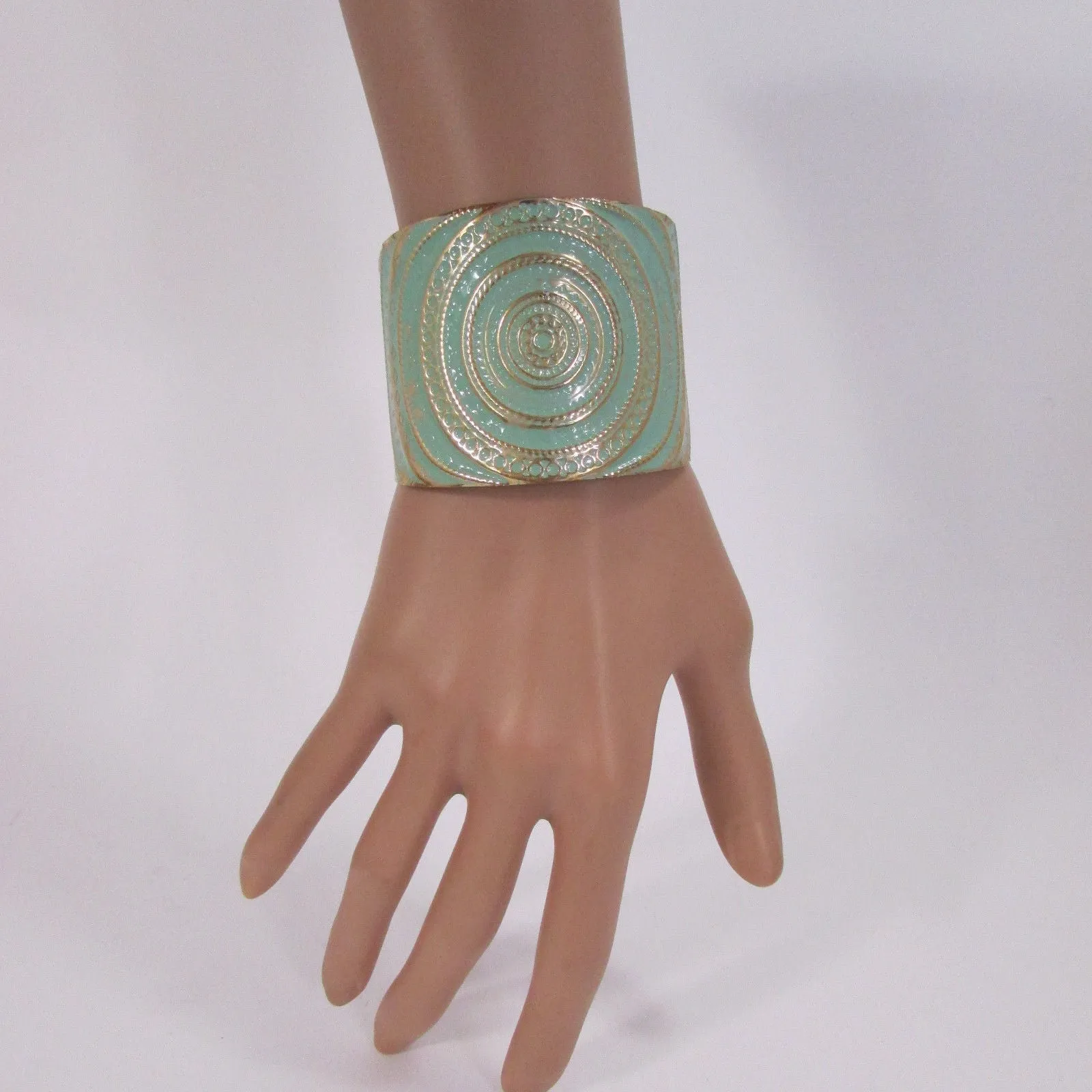 Gold With Pink / Black / Metal 2" Wide Cuff Bracelet Hand Trendy Fashion