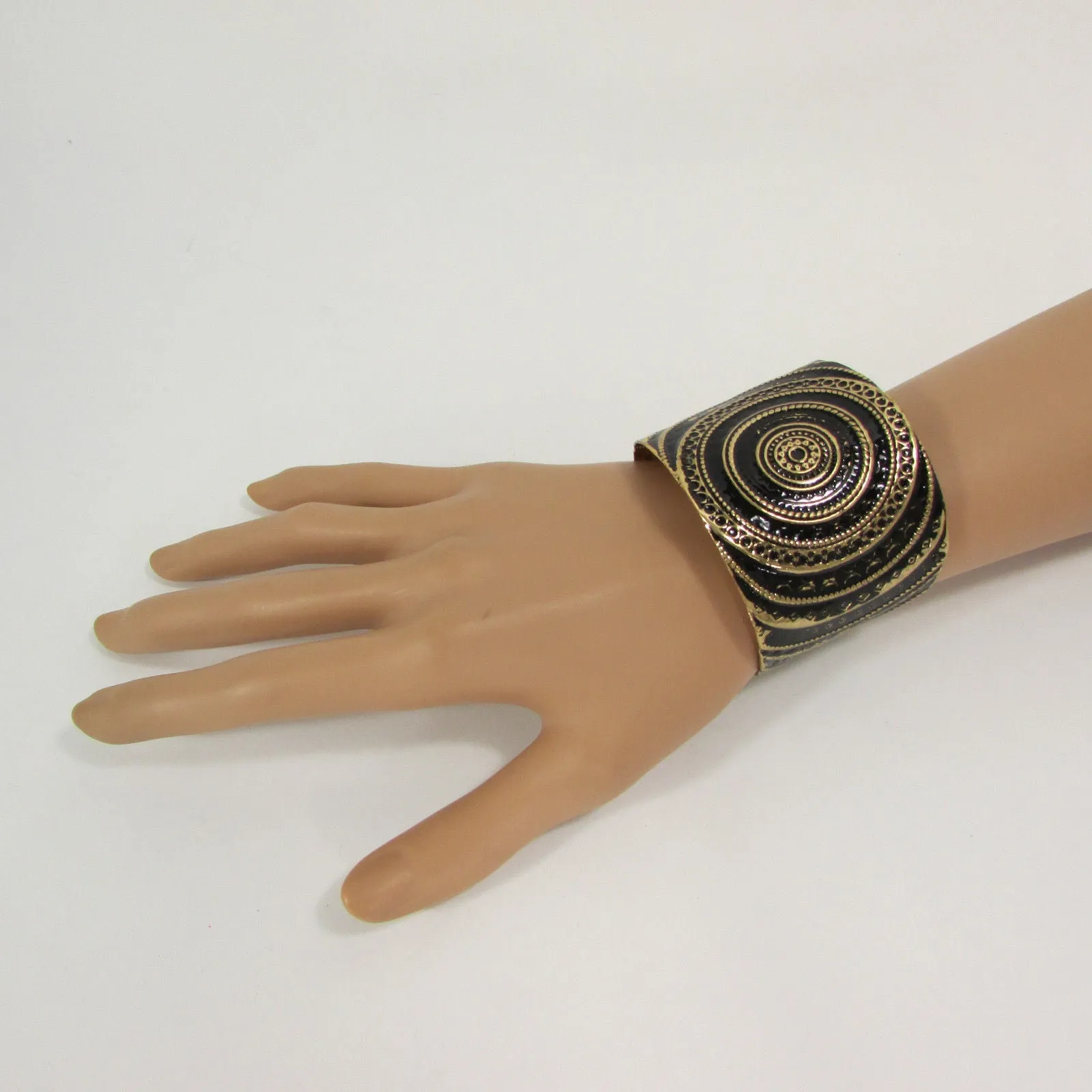 Gold With Pink / Black / Metal 2" Wide Cuff Bracelet Hand Trendy Fashion