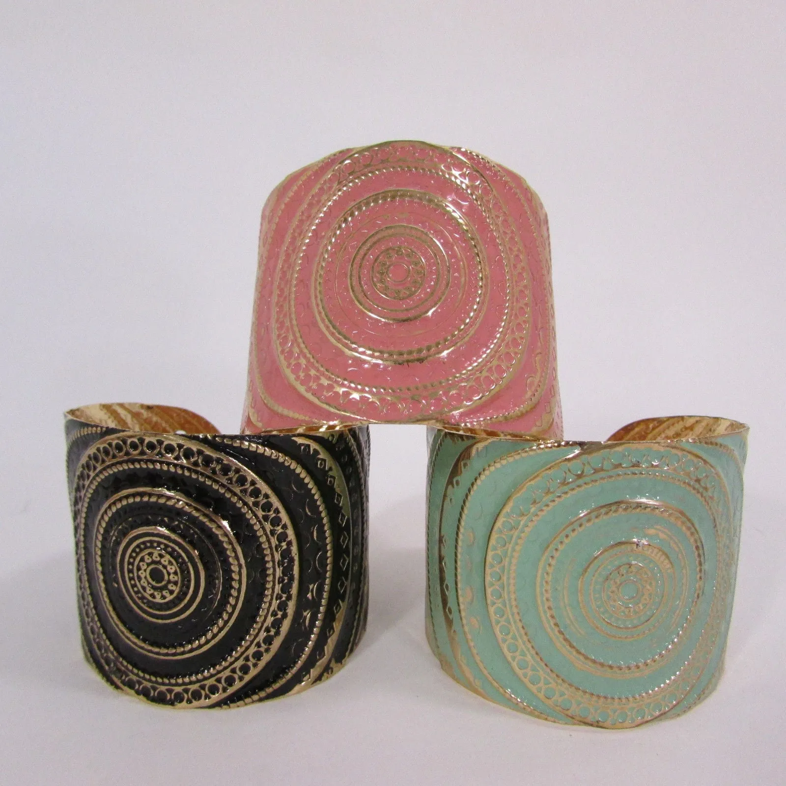 Gold With Pink / Black / Metal 2" Wide Cuff Bracelet Hand Trendy Fashion