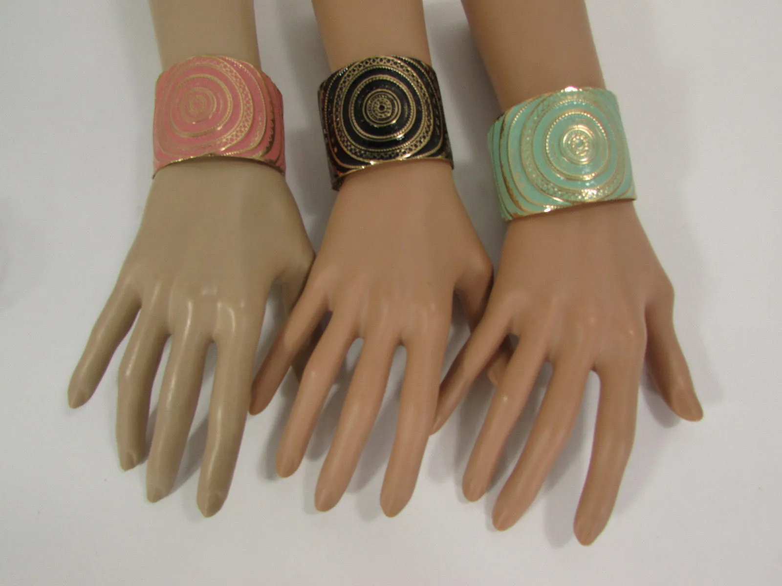 Gold With Pink / Black / Metal 2" Wide Cuff Bracelet Hand Trendy Fashion
