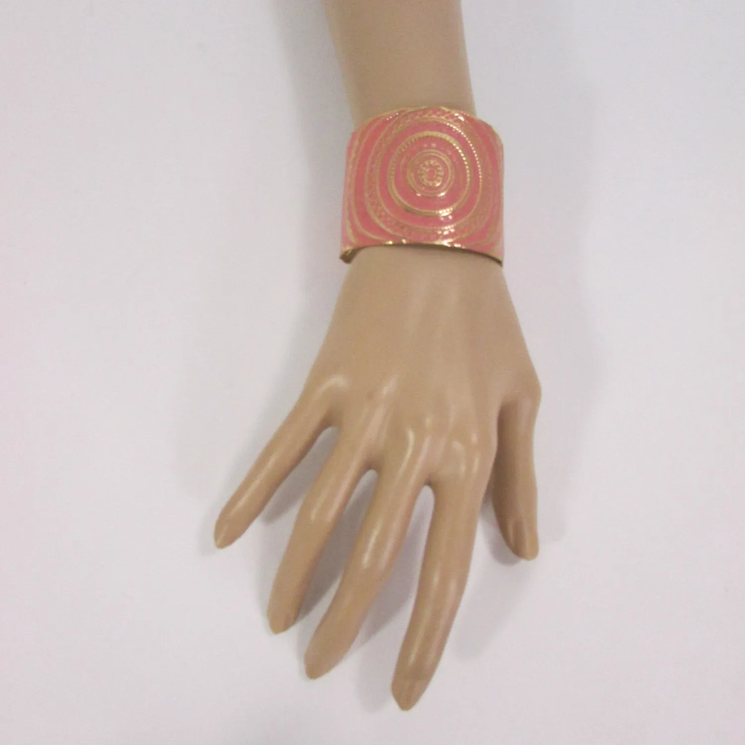 Gold With Pink / Black / Metal 2" Wide Cuff Bracelet Hand Trendy Fashion
