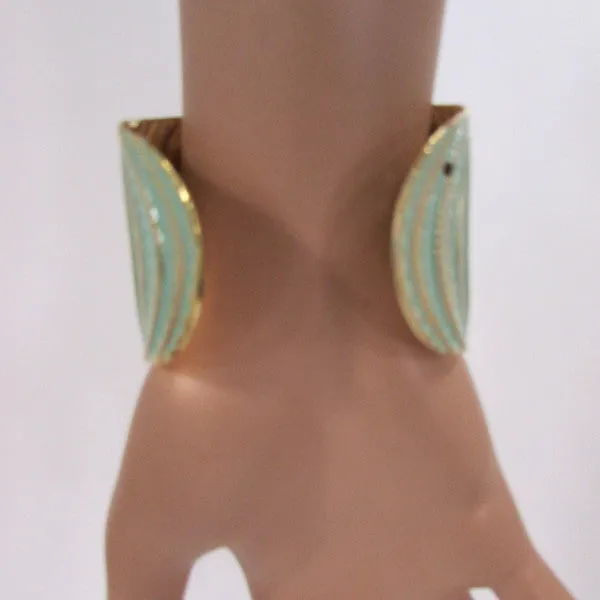 Gold With Pink / Black / Metal 2" Wide Cuff Bracelet Hand Trendy Fashion