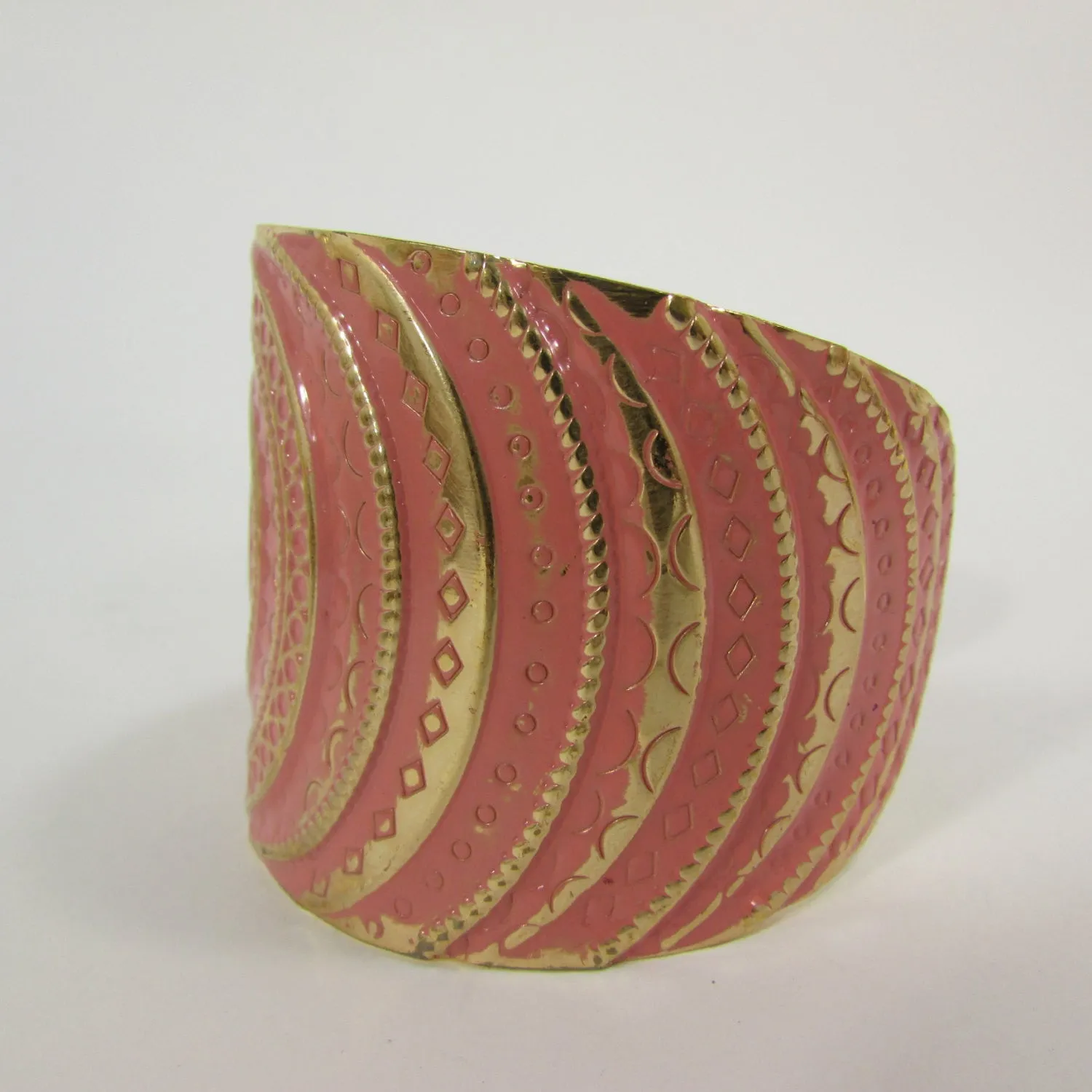 Gold With Pink / Black / Metal 2" Wide Cuff Bracelet Hand Trendy Fashion