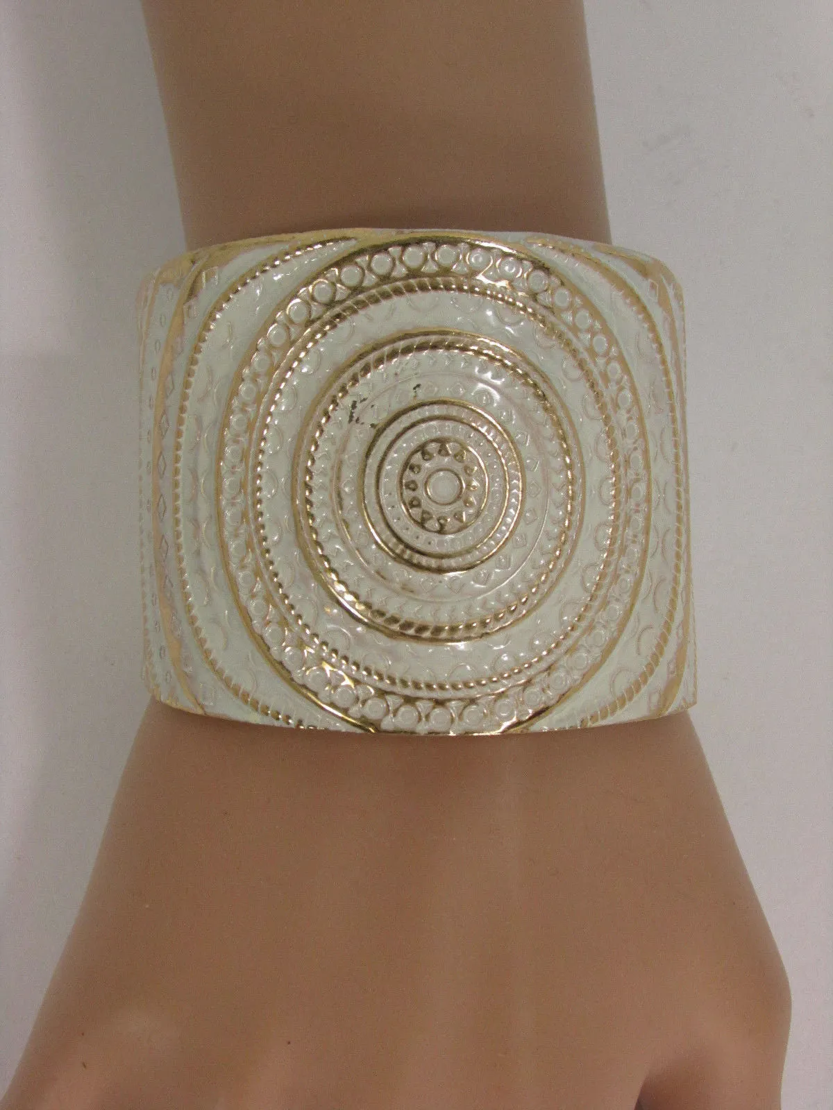 Gold With Pink / Black / Metal 2" Wide Cuff Bracelet Hand Trendy Fashion