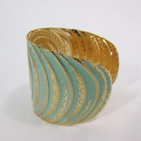 Gold With Pink / Black / Metal 2" Wide Cuff Bracelet Hand Trendy Fashion