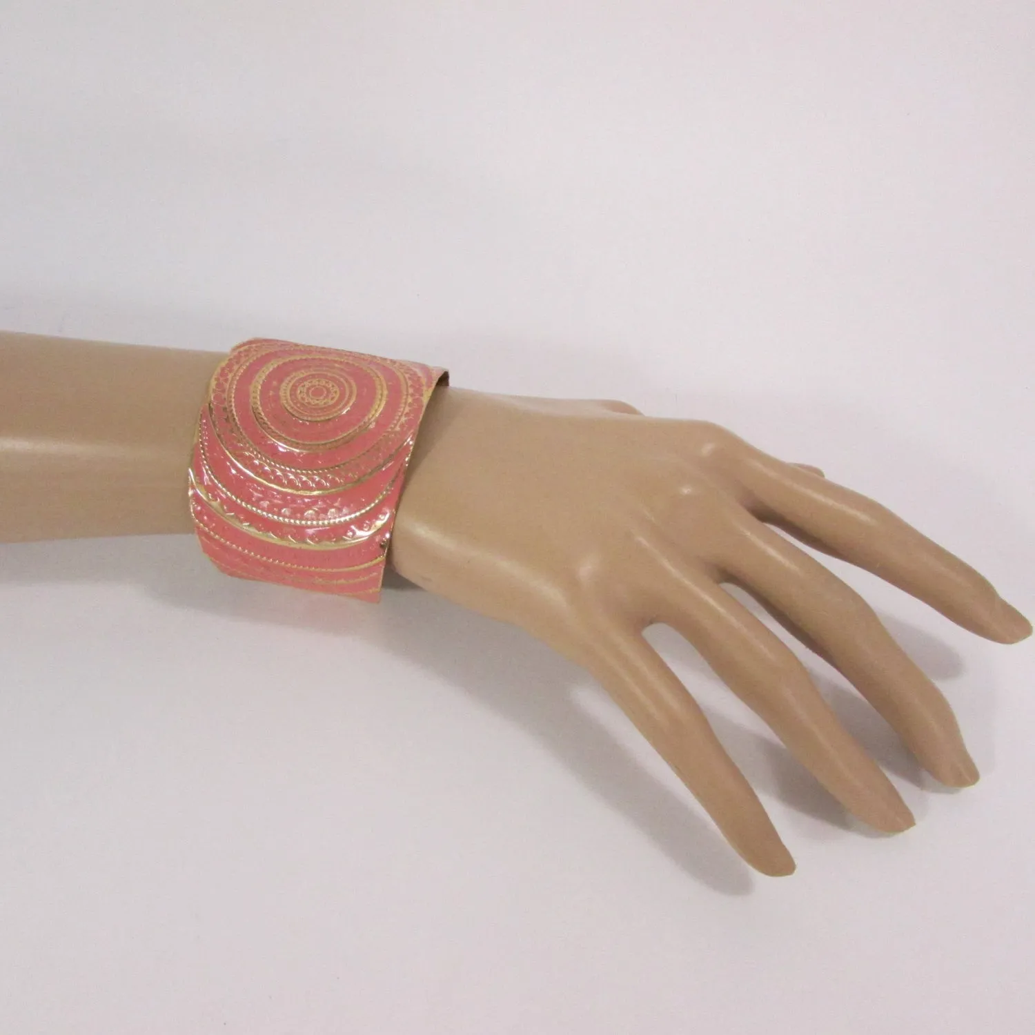 Gold With Pink / Black / Metal 2" Wide Cuff Bracelet Hand Trendy Fashion
