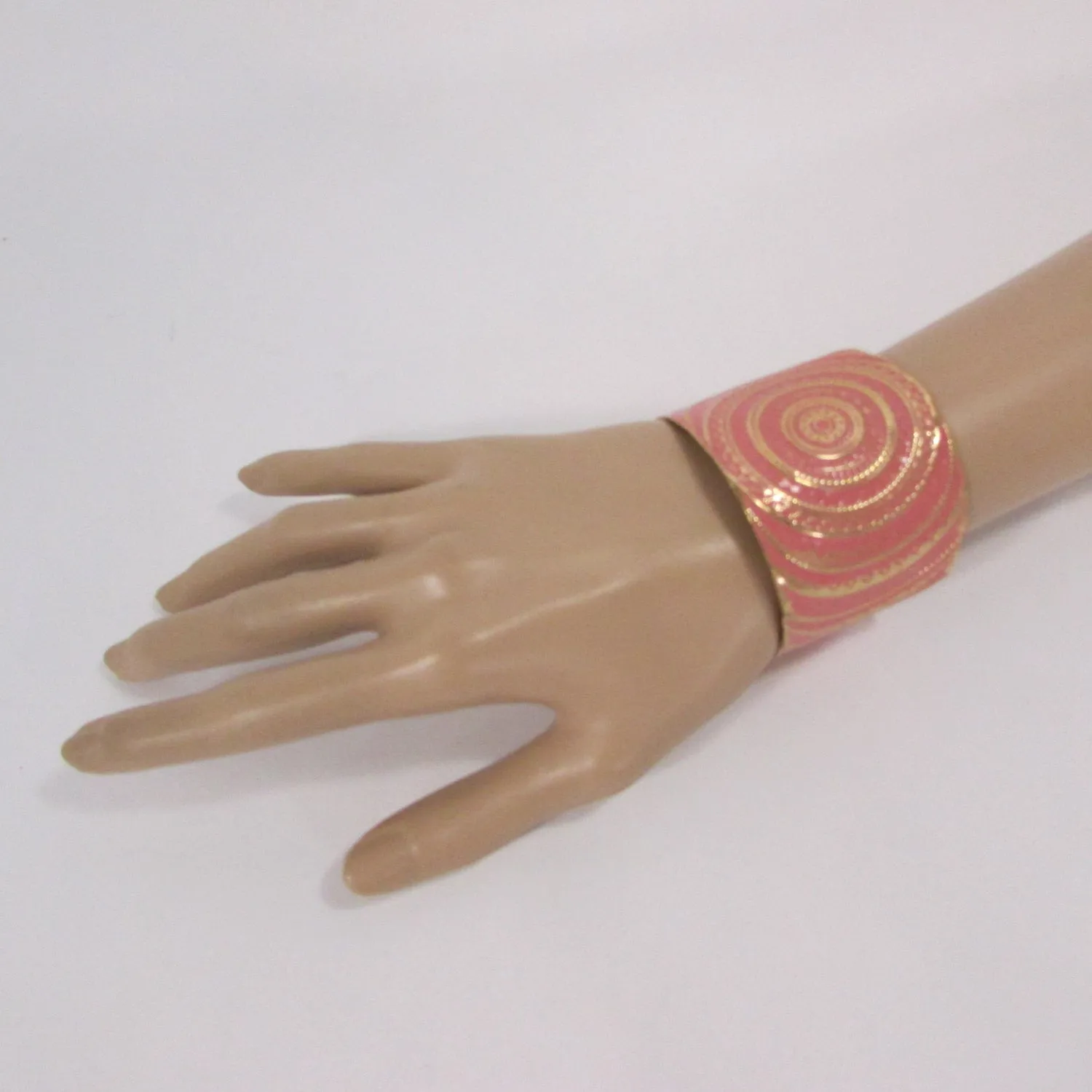 Gold With Pink / Black / Metal 2" Wide Cuff Bracelet Hand Trendy Fashion