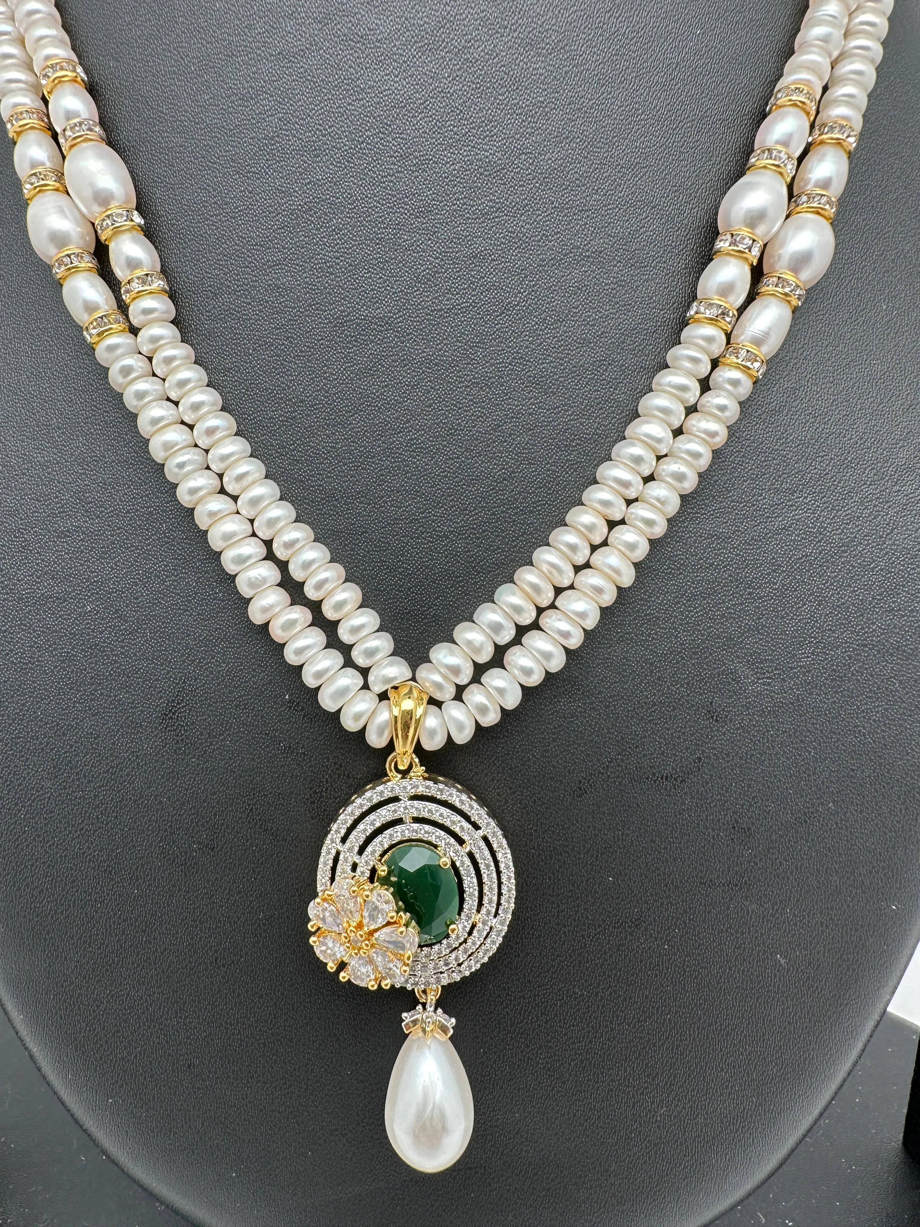Green Stone AD Pendent Double Line Real Freshwater Pearls Necklace