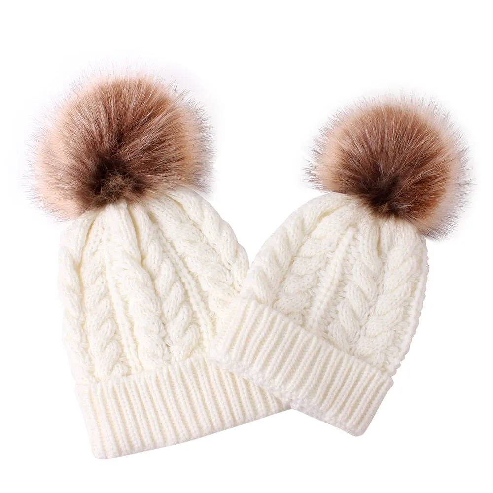 Matching Knitting Bobble Hat Kid/Adult Winter Warm Beanie Cap