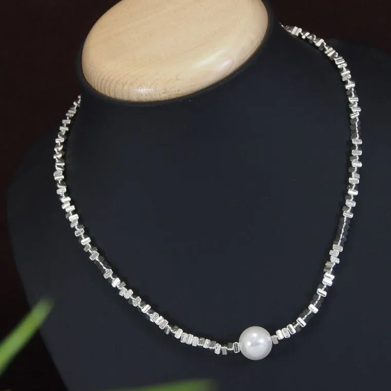 Silver Metal White Pearl Pendent Necklace