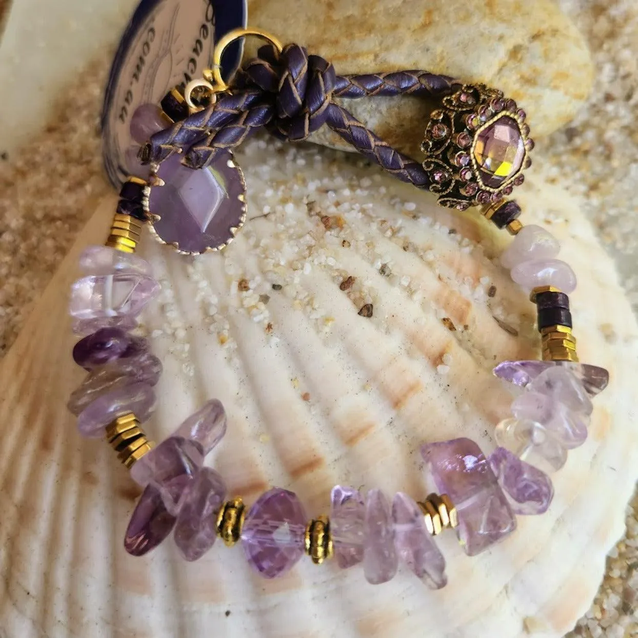 SWEET AMETHYST - ARTISAN HANDMADE GOLD HEMITITE LEATHER LOOP BRACELET