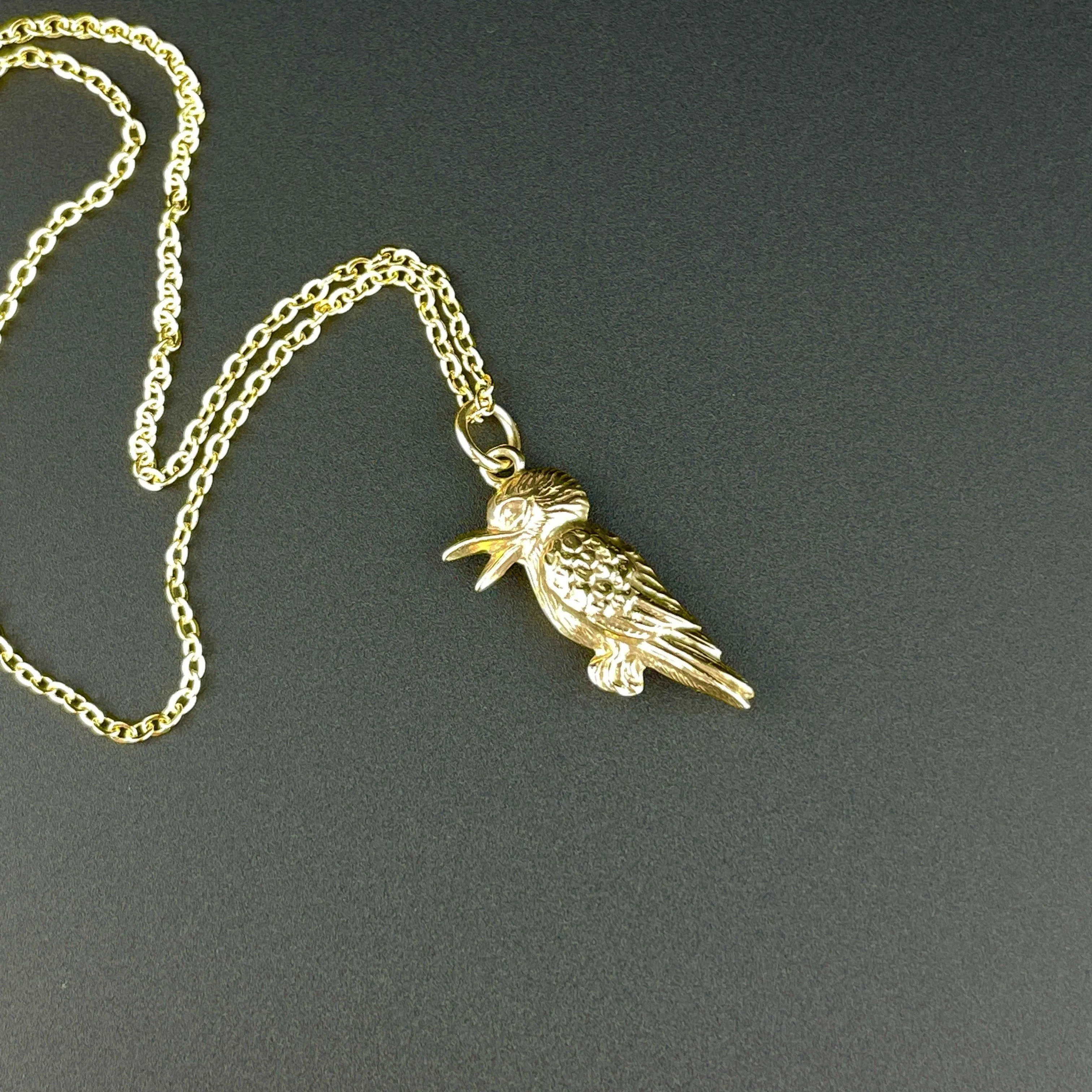 Vintage Gold Puffy Kookaburra Bird Pendant Necklace